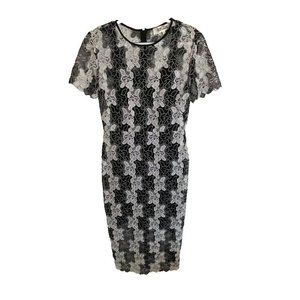 Diane Von Furstenberg‎ Black White Lace Midi Floral Lace Scalloped Dress Size 4